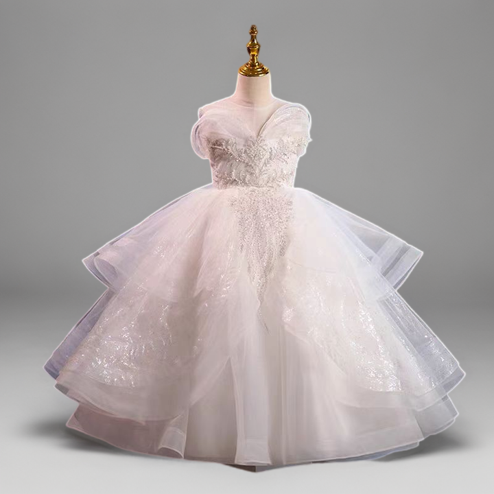 Fairy Ivory Lace Flower Girl Dress with Layered Tulle Skirt and Sweep Train - Plus Size