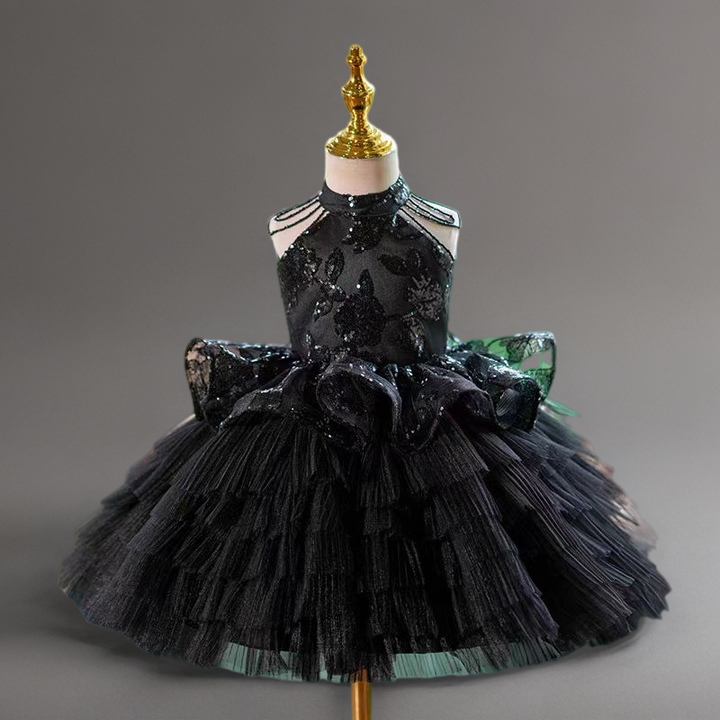 Gothic Black Lace Flower Girl Dress with Tiered Tulle Skirt and Halter Neck - Plus Size