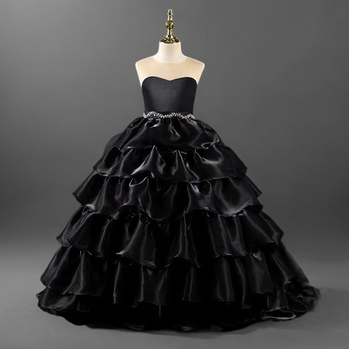 Gothic Black Satin Ruffled Flower Girl Gown with Strapless Design for Special Occasion - Plus Size