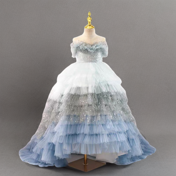 Blue and Silver Layered Tulle Off-Shoulder Flower Girl Dress with Sequins for Special Occasion - Plus Size