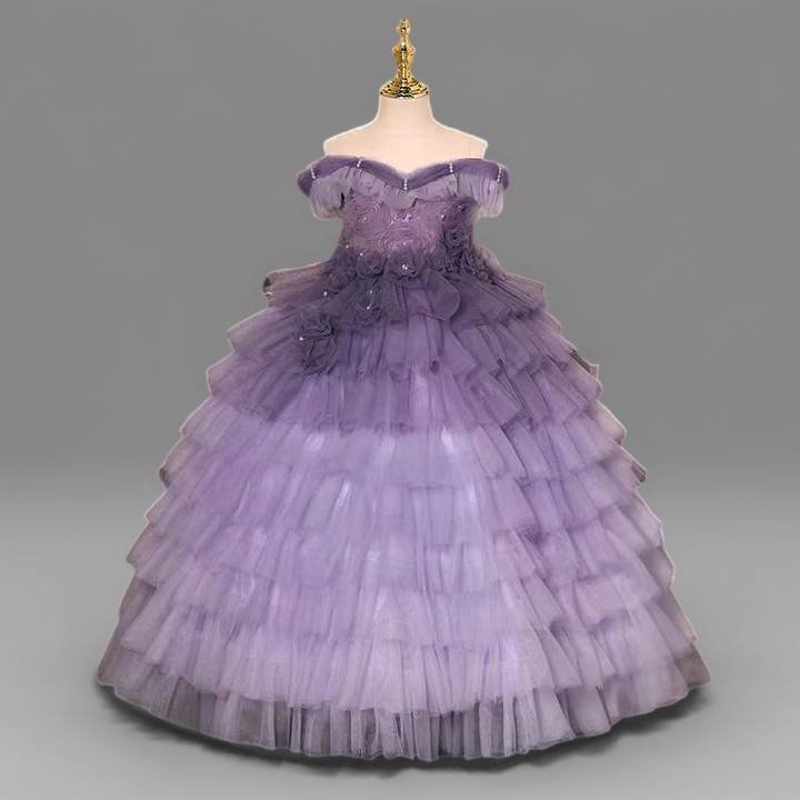 Purple Layered Tulle Off-Shoulder Flower Girl Gown with 3D Floral Appliqué for Special Occasion - Plus Size