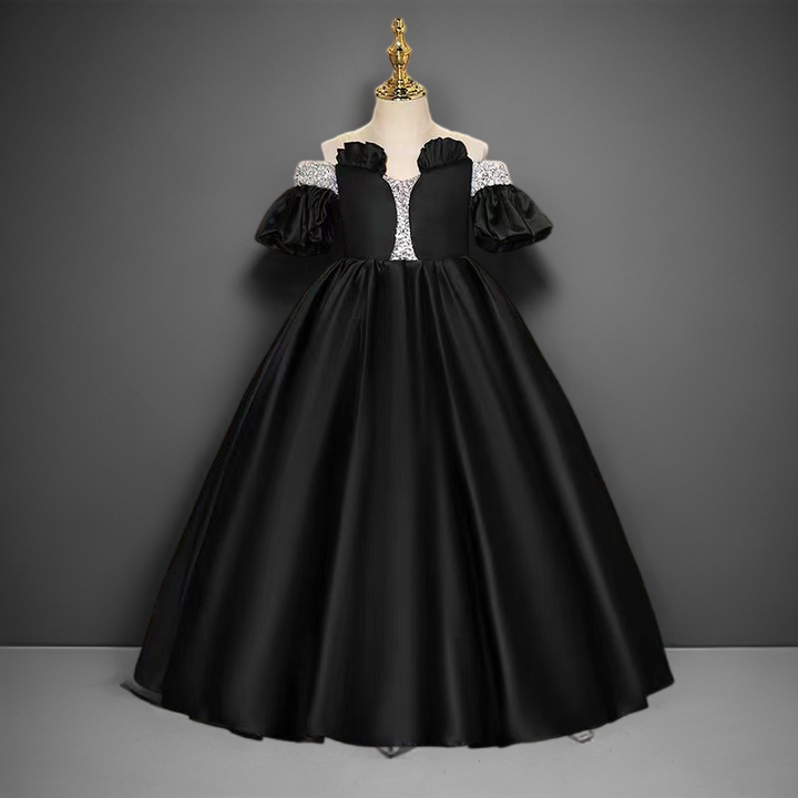 Gothic Black Satin Off-Shoulder Flower Girl Dress with Puff Sleeves and Embellished Bodice for Special Occasion - Plus Size