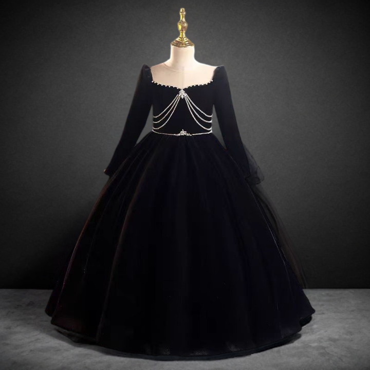 Gothic Black Velvet Long Sleeve Flower Girl Dress with Pearl Embellishments for Special Occasion - Plus Size