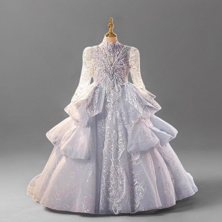 Silver High-Neck Long Sleeve Flower Girl Gown with Lace Appliqué and Layered Tulle Skirt - Plus Size