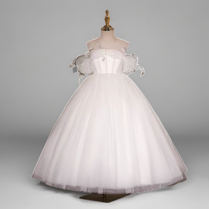 Fairy White Off-Shoulder Tulle Flower Girl Dress with Floral Appliqué and Full Skirt for Special Occasion - Plus Size