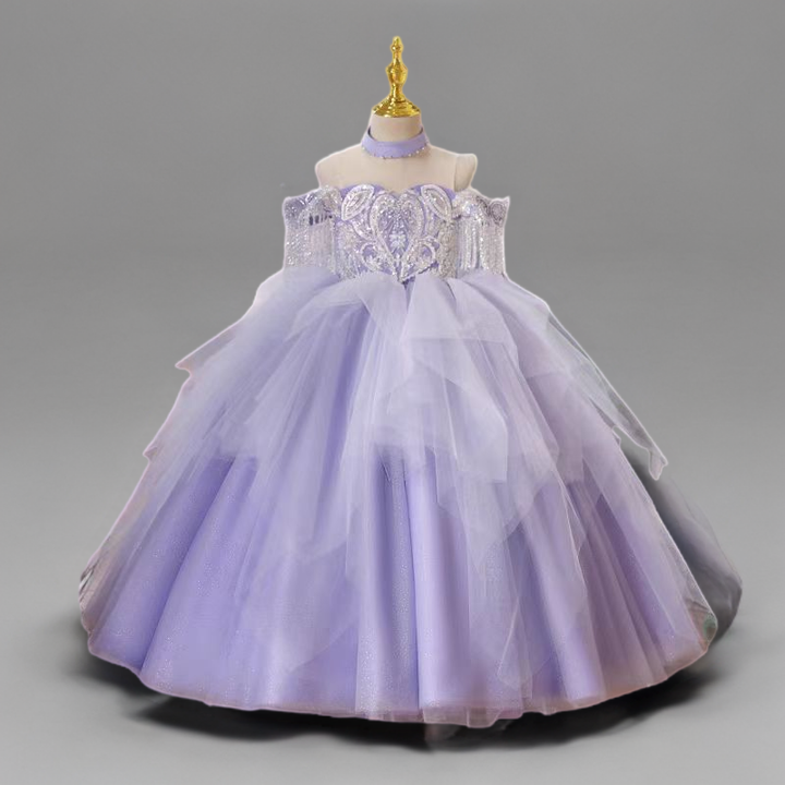 Purple Off-Shoulder Tulle Flower Girl Dress with Crystal Embellishments and Layered Skirt - Plus Size