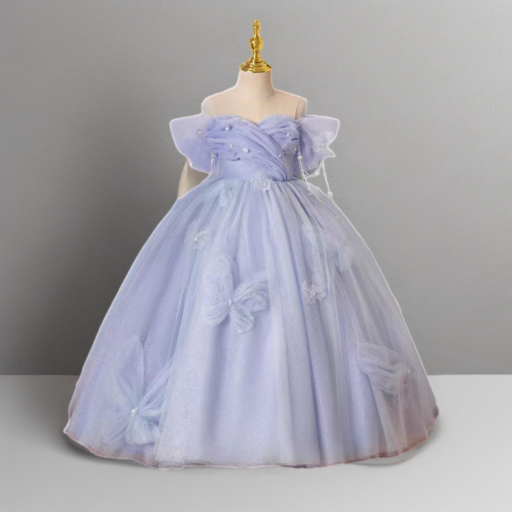 Fairy Light Blue Off-Shoulder Tulle Flower Girl Dress with Butterfly Details and Pearl Accents - Plus Size