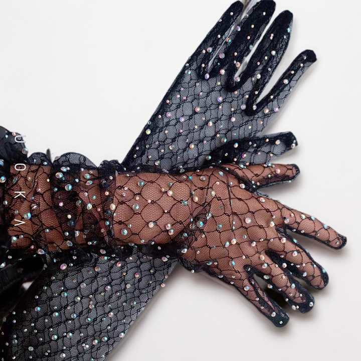 Black Mesh Bridal Gloves with Rhinestone Embellishments - Sparkling Wedding Accessory