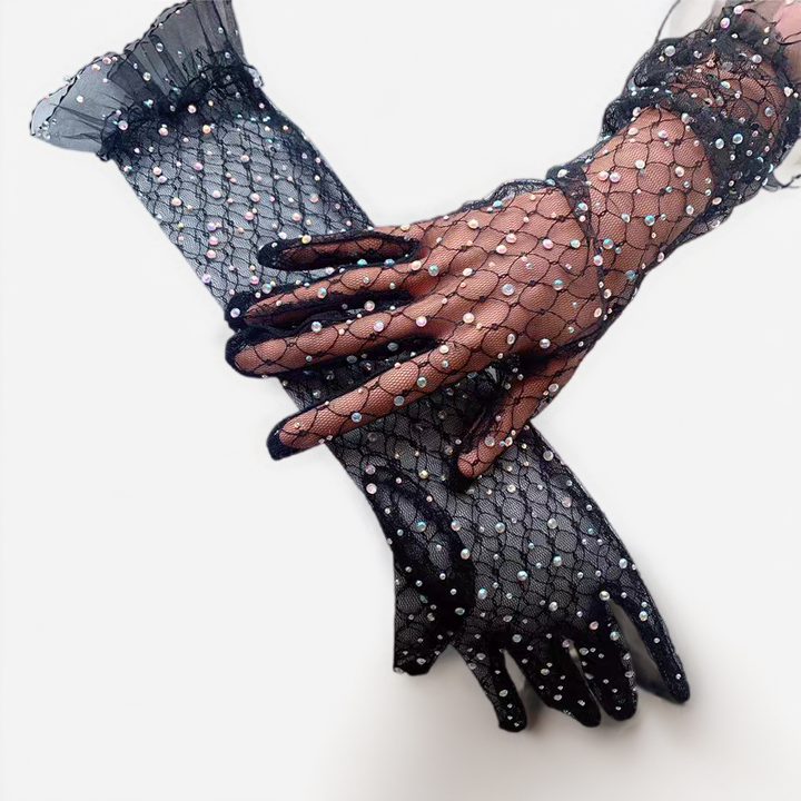 Black Mesh Bridal Gloves with Rhinestone Embellishments - Sparkling Wedding Accessory