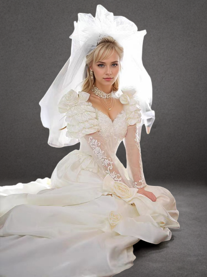 Victorian Vintage Ivory White Satin Antique Wedding Dress with Long Sleeves, Embroidered Bodice, and Long Train - Plus Size