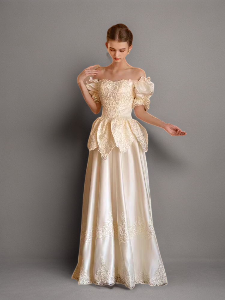 Vintage Ivory White Satin Off-Shoulder Lace Wedding Dress with Puff Sleeves - Plus Size