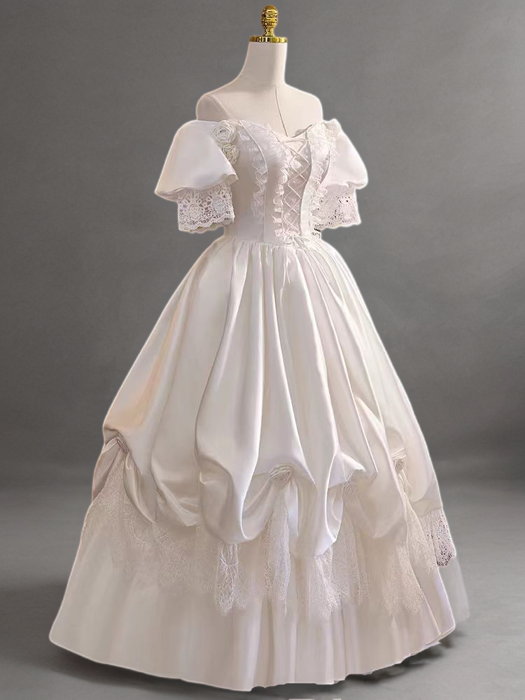 Antique Vintage Ivory White Satin Ball Gown Wedding Dress with Lace-Up Bodice and Floral Accents - Plus Size