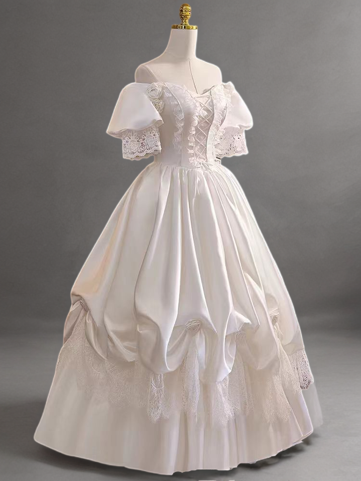 Antique Vintage Ivory White Satin Ball Gown Wedding Dress with Lace-Up Bodice and Floral Accents - Plus Size