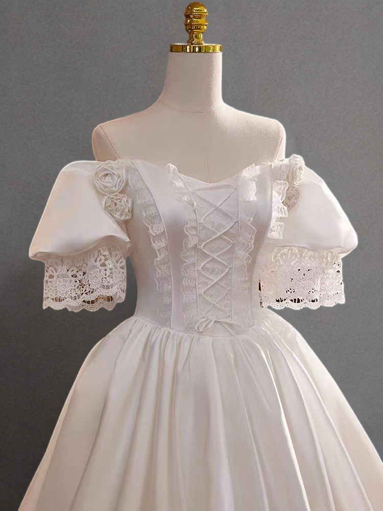 Antique Vintage Ivory White Satin Ball Gown Wedding Dress with Lace-Up Bodice and Floral Accents - Plus Size