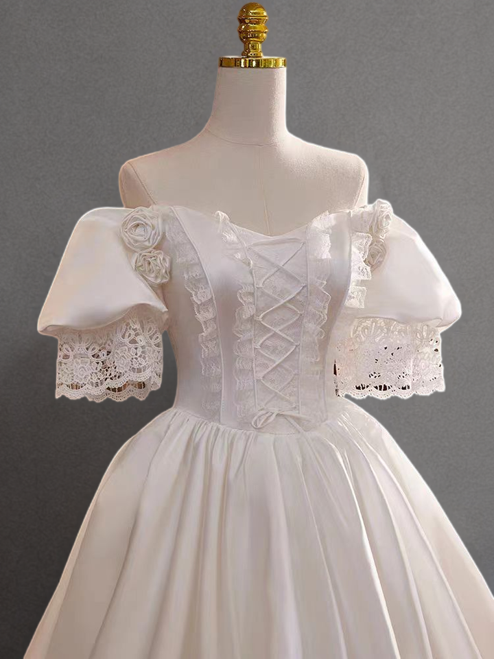 Antique Vintage Ivory White Satin Ball Gown Wedding Dress with Lace-Up Bodice and Floral Accents - Plus Size