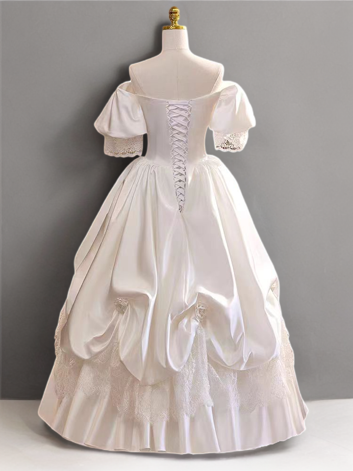 Antique Vintage Ivory White Satin Ball Gown Wedding Dress with Lace-Up Bodice and Floral Accents - Plus Size