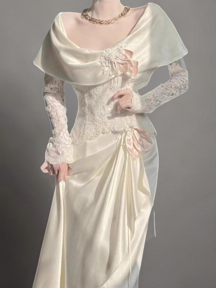 Vintage Ivory White Satin and Lace Long Sleeve Draped Wedding Dress with Off-Shoulder Design - Plus Size