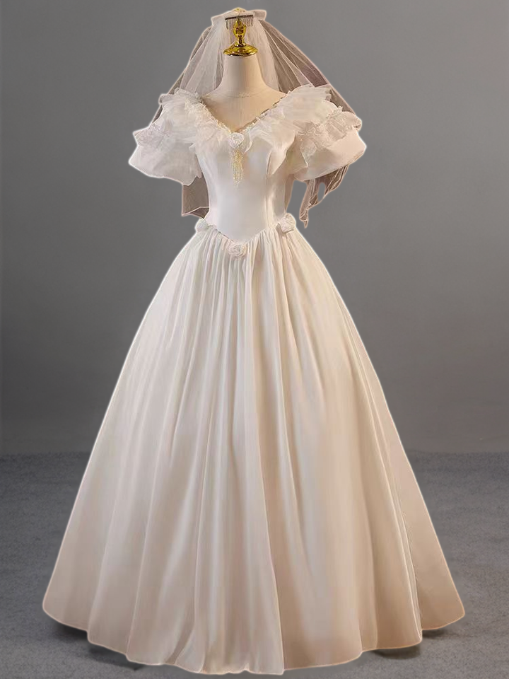 Antique Vintage Victorian Ivory White Satin A-Line Wedding Dress with Ruffled Sleeves and Floral Appliqués - Plus Size