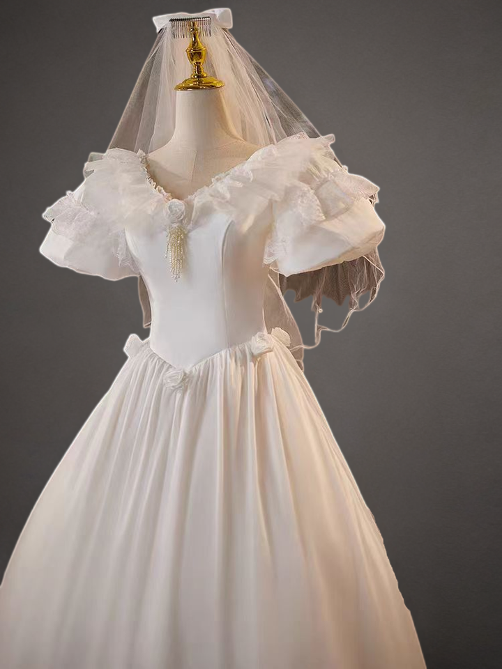 Antique Vintage Victorian Ivory White Satin A-Line Wedding Dress with Ruffled Sleeves and Floral Appliqués - Plus Size