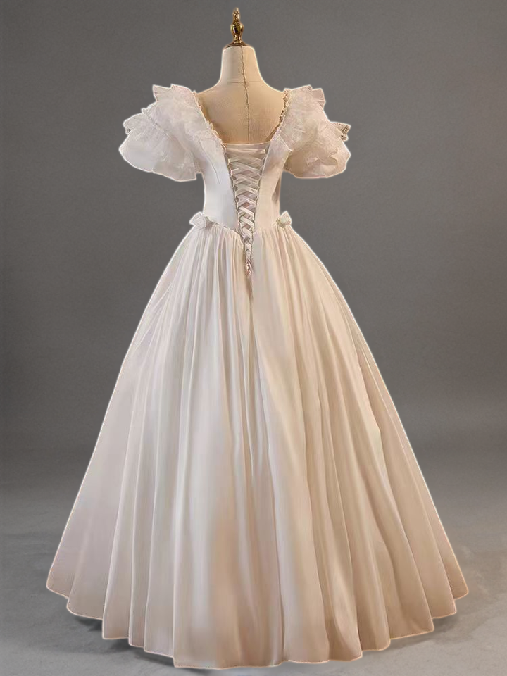Antique Vintage Victorian Ivory White Satin A-Line Wedding Dress with Ruffled Sleeves and Floral Appliqués - Plus Size