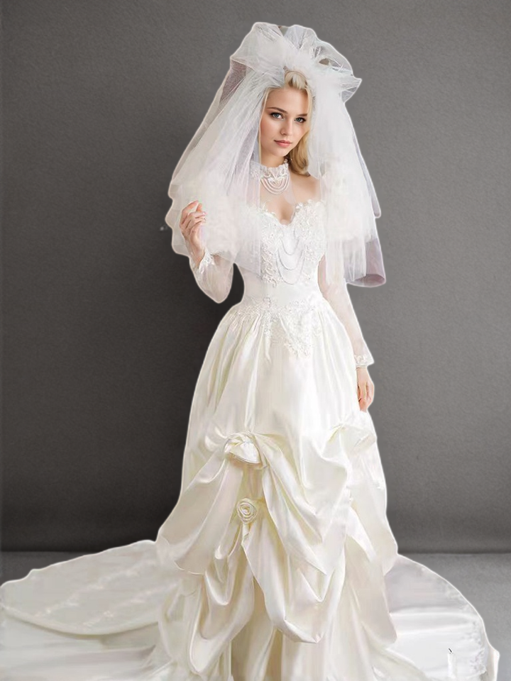 Victorian Vintage Ivory White Satin Antique Wedding Dress with Long Sleeves, Embroidered Bodice, and Long Train - Plus Size