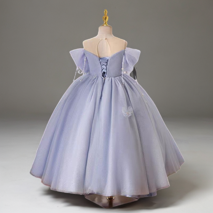 Fairy Light Blue Off-Shoulder Tulle Flower Girl Dress with Butterfly Details and Pearl Accents - Plus Size