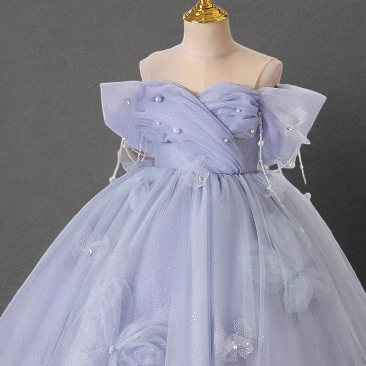 Fairy Light Blue Off-Shoulder Tulle Flower Girl Dress with Butterfly Details and Pearl Accents - Plus Size