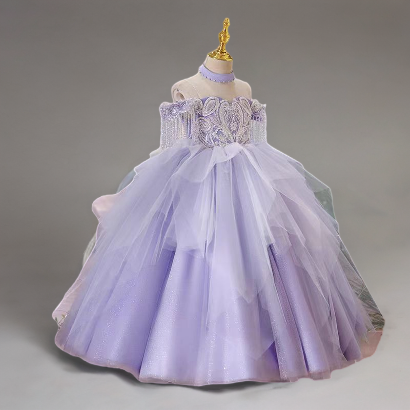 Purple Off-Shoulder Tulle Flower Girl Dress with Crystal Embellishments and Layered Skirt - Plus Size