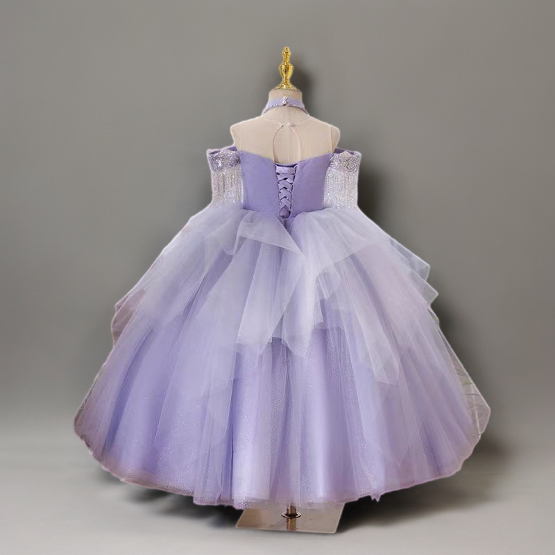 Purple Off-Shoulder Tulle Flower Girl Dress with Crystal Embellishments and Layered Skirt - Plus Size