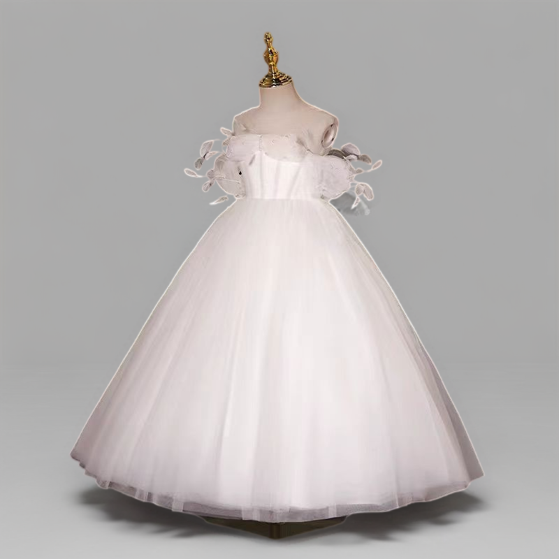 Fairy White Off-Shoulder Tulle Flower Girl Dress with Floral Appliqué and Full Skirt for Special Occasion - Plus Size