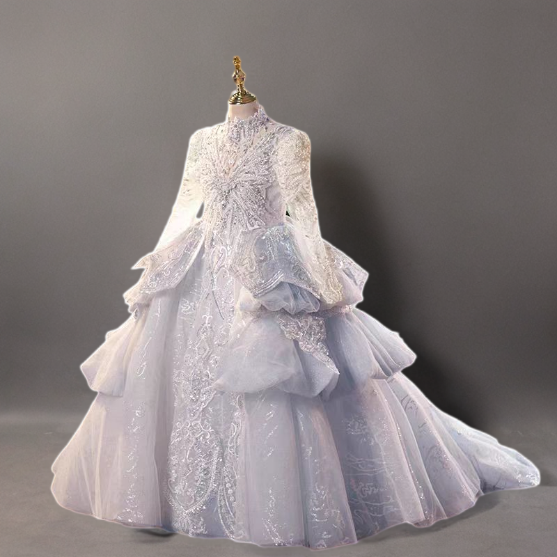 Silver High-Neck Long Sleeve Flower Girl Gown with Lace Appliqué and Layered Tulle Skirt - Plus Size