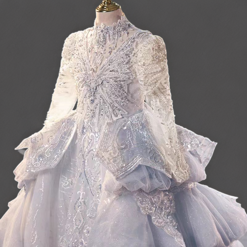 Silver High-Neck Long Sleeve Flower Girl Gown with Lace Appliqué and Layered Tulle Skirt - Plus Size