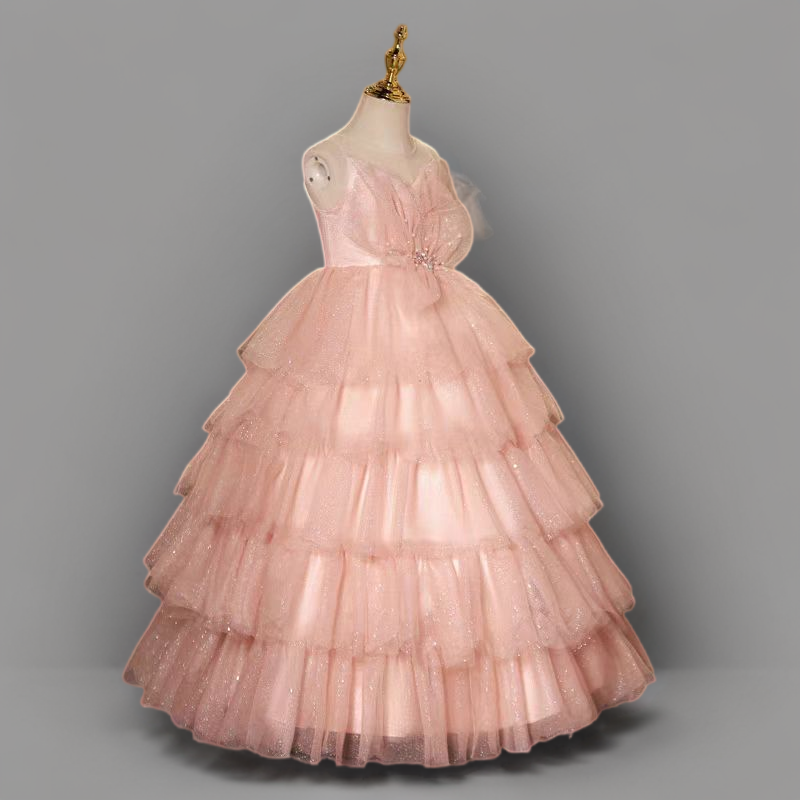 Blush Pink Layered Tulle Flower Girl Dress with Spaghetti Straps and Glitter Details for Special Occasion - Plus Size