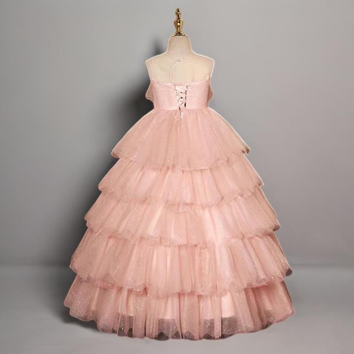 Blush Pink Layered Tulle Flower Girl Dress with Spaghetti Straps and Glitter Details for Special Occasion - Plus Size