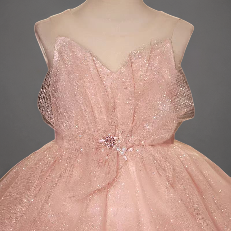 Blush Pink Layered Tulle Flower Girl Dress with Spaghetti Straps and Glitter Details for Special Occasion - Plus Size