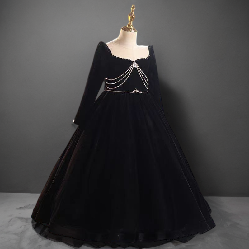 Gothic Black Velvet Long Sleeve Flower Girl Dress with Pearl Embellishments for Special Occasion - Plus Size