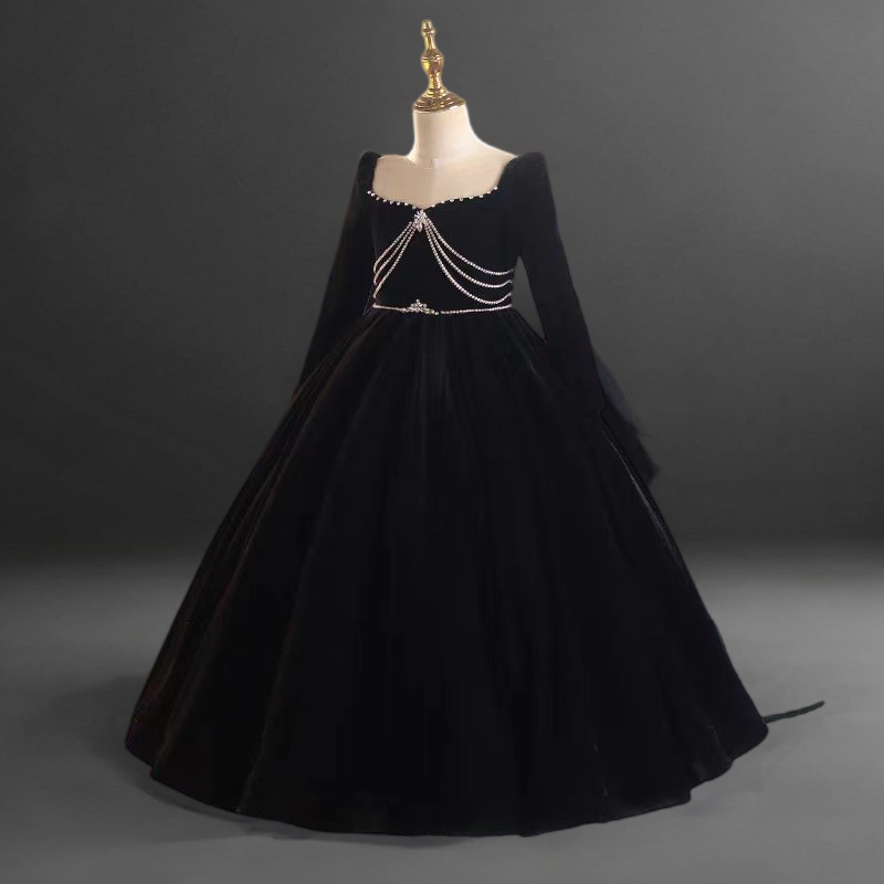 Gothic Black Velvet Long Sleeve Flower Girl Dress with Pearl Embellishments for Special Occasion - Plus Size