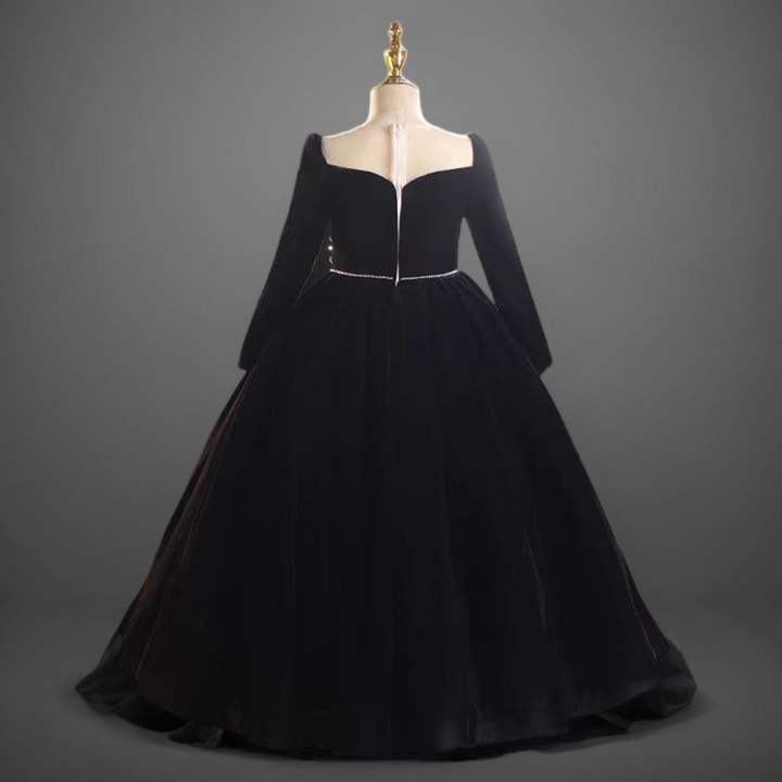 Gothic Black Velvet Long Sleeve Flower Girl Dress with Pearl Embellishments for Special Occasion - Plus Size