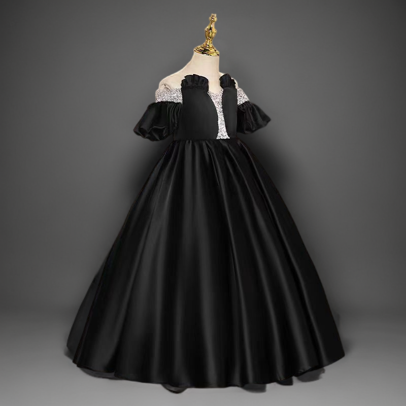 Gothic Black Satin Off-Shoulder Flower Girl Dress with Puff Sleeves and Embellished Bodice for Special Occasion - Plus Size