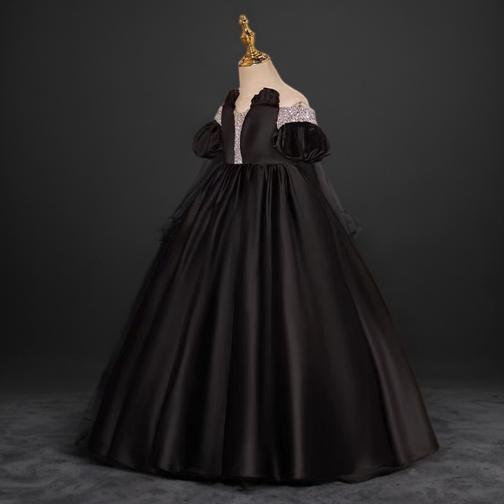 Gothic Black Satin Off-Shoulder Flower Girl Dress with Puff Sleeves and Embellished Bodice for Special Occasion - Plus Size