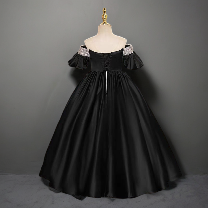 Gothic Black Satin Off-Shoulder Flower Girl Dress with Puff Sleeves and Embellished Bodice for Special Occasion - Plus Size