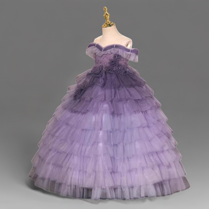 Purple Layered Tulle Off-Shoulder Flower Girl Gown with 3D Floral Appliqué for Special Occasion - Plus Size