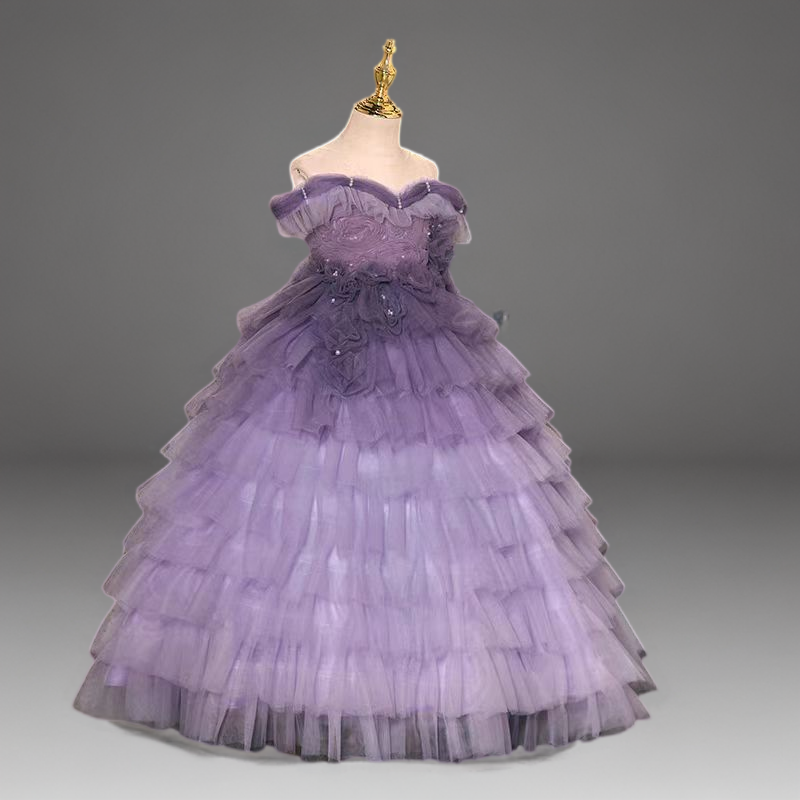 Purple Layered Tulle Off-Shoulder Flower Girl Gown with 3D Floral Appliqué for Special Occasion - Plus Size