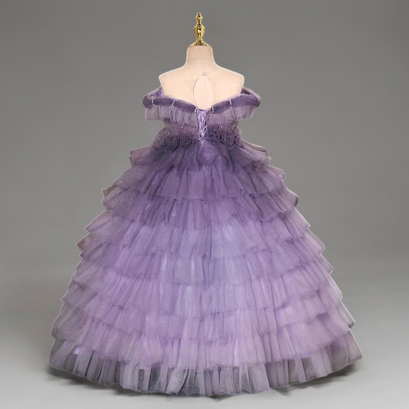 Purple Layered Tulle Off-Shoulder Flower Girl Gown with 3D Floral Appliqué for Special Occasion - Plus Size