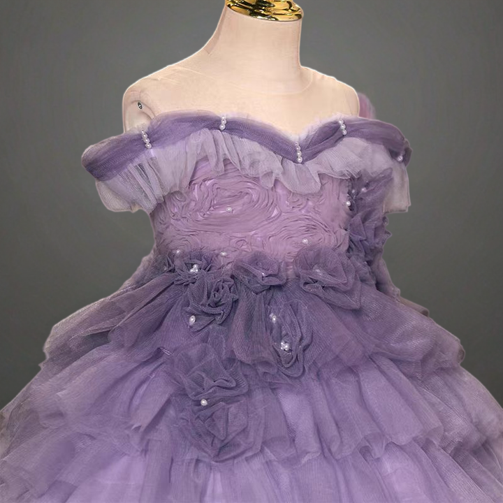 Purple Layered Tulle Off-Shoulder Flower Girl Gown with 3D Floral Appliqué for Special Occasion - Plus Size