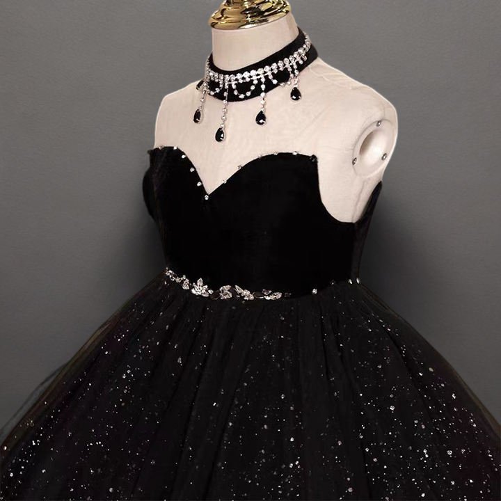 Gothic Black Sparkly Tulle Flower Girl Dress with Sweetheart Neckline for Special Occasion - Plus Size