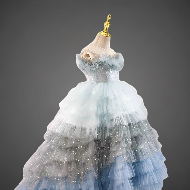 Blue and Silver Layered Tulle Off-Shoulder Flower Girl Dress with Sequins for Special Occasion - Plus Size