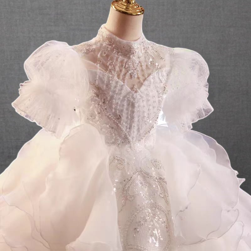 Fairy White High-Neck Ruffled Tulle Flower Girl Dress with Beaded Appliqué and Long Train - Plus Size