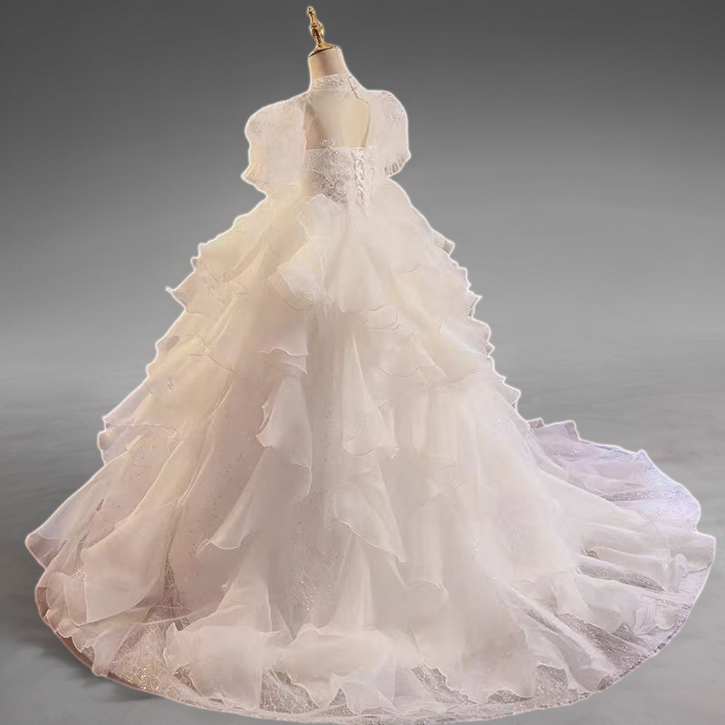 Fairy White High-Neck Ruffled Tulle Flower Girl Dress with Beaded Appliqué and Long Train - Plus Size