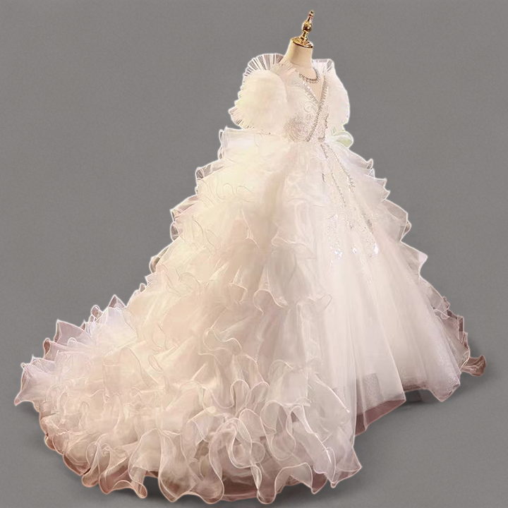 Fairy White Ruffled Tulle Flower Girl Dress with Beaded Appliqué and Layered Skirt for Special Occasion - Plus Size